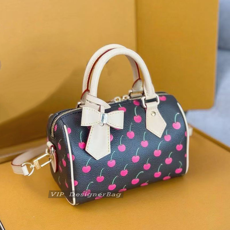 12A Cherry Bag Bandouliere 20cm Pillow handbangs Cross body Tote bag women Toron Handle purse Classic Grain leather Brown Flower skin key lock style Full packaging