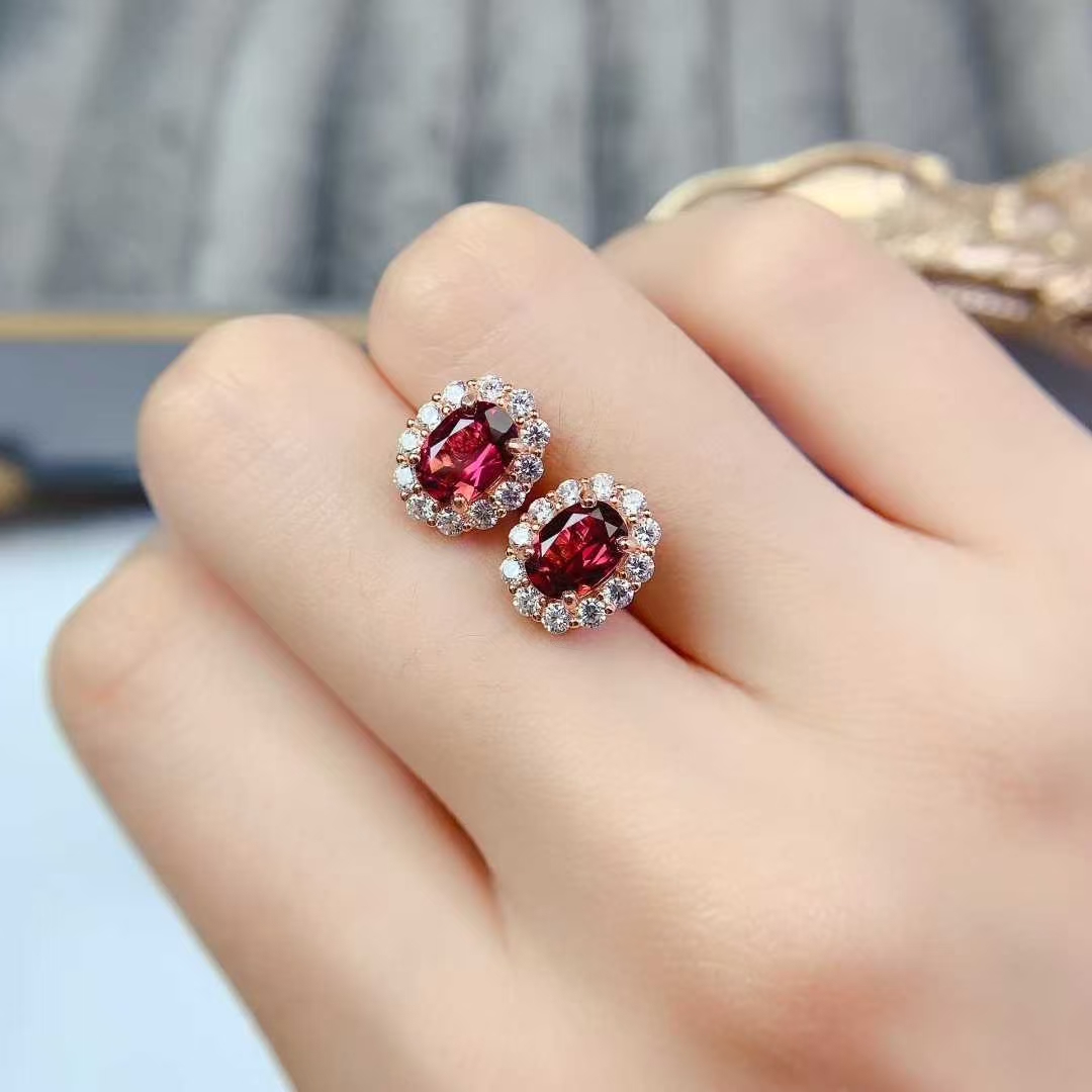 Real garnet silver earrings 925 silver gemstone stud earrings 5mm*7mm total 1.4ct natural garnet jewelry with 3 layers 18K gold plating allergy free