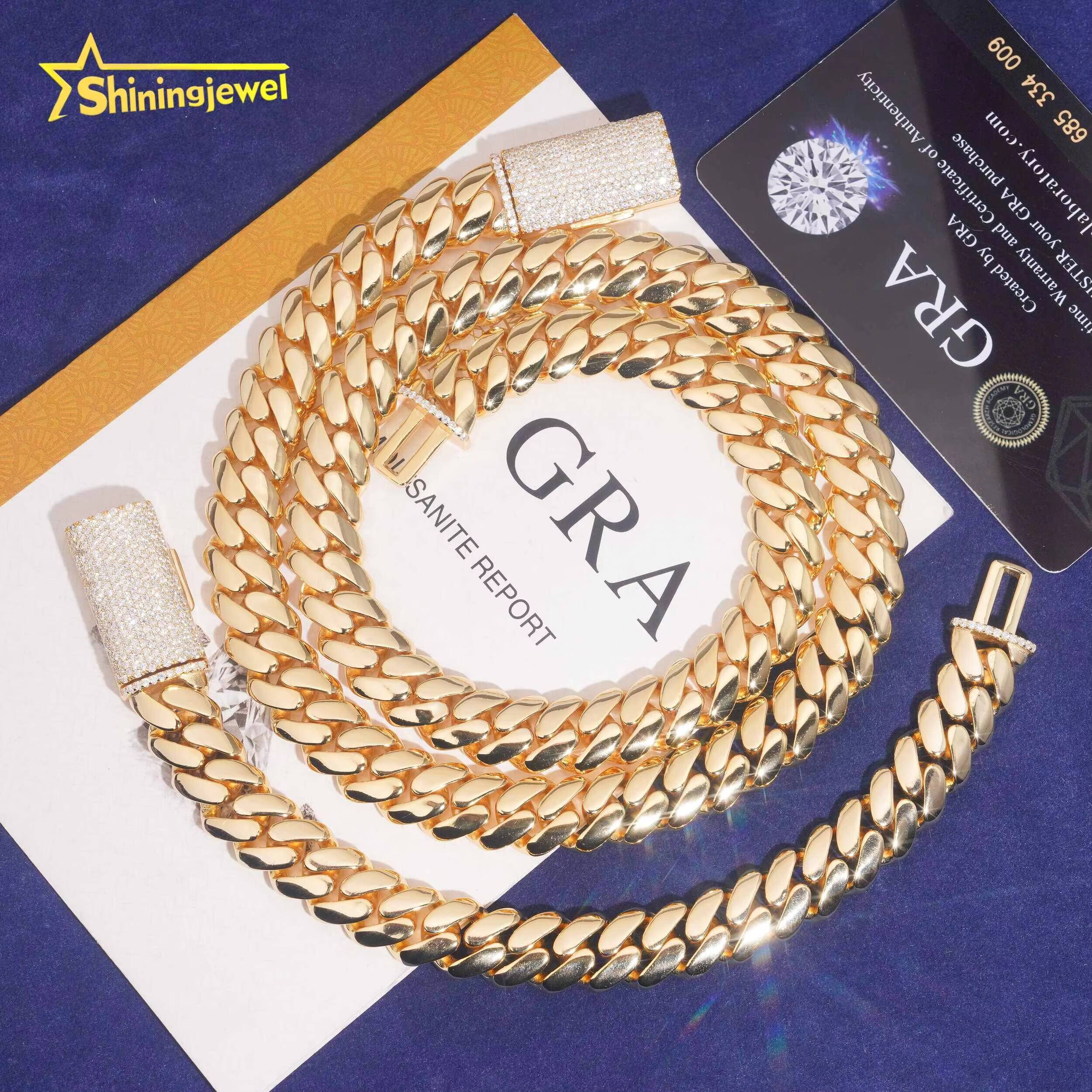 925 Silver 12mm Gold Plated Plain Cuban Link With Moissanite Lock Hip Hop Jewelry Custom Cuban Link Chain for Rapper