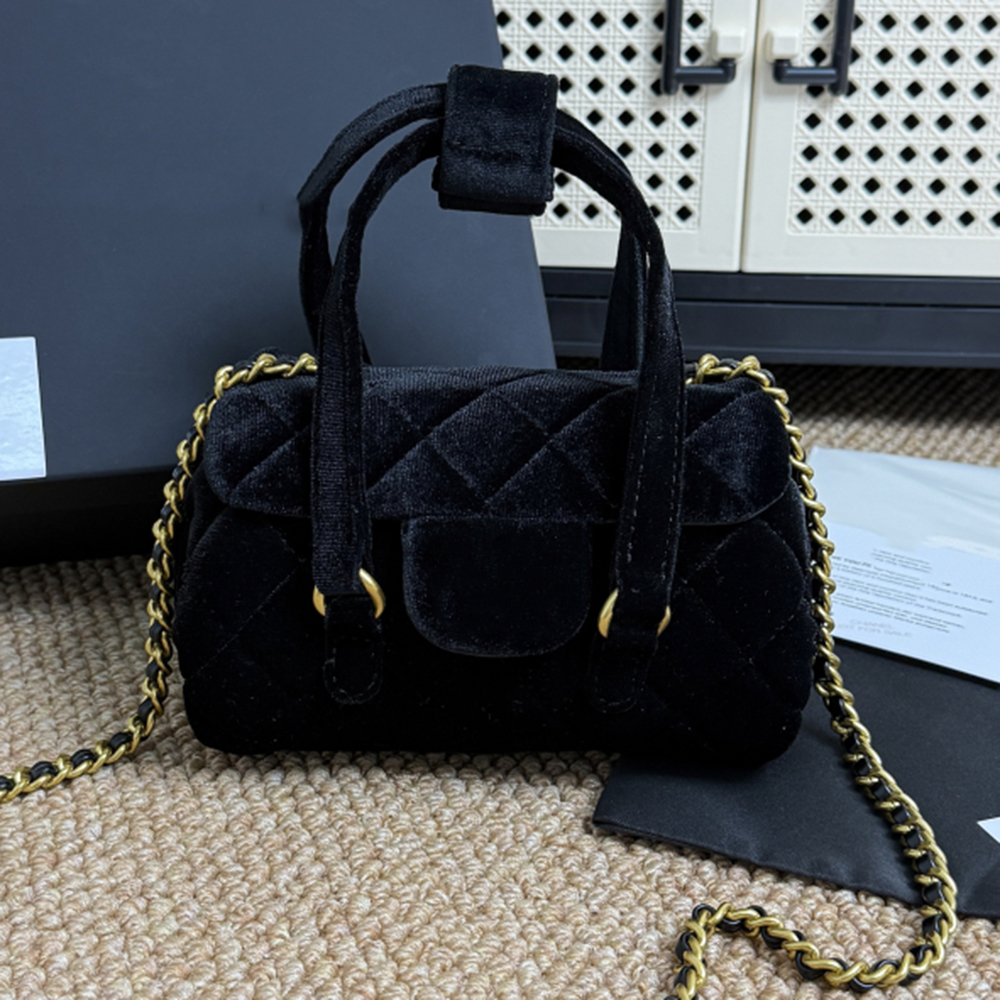 Designer Black Velvet Bowling Bag Women Shoulder Bag Retro Cosmetic Brush Bucket Beauty Lipstick Organizer Box Phone Storage Case