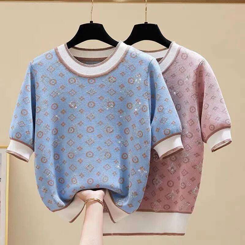 New 2024 Summer Women Short Sleeve Fashion Knit Glitter Stones Tshirt Femme Vintage Designer Slim Leisure T-Shirt Tops