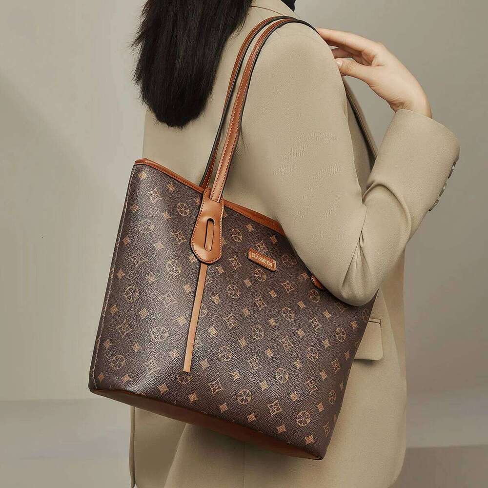 FOXER PVC Leather Vintage Printed Women's Tote Handheld Bag,Female's Daily Commuting Large Capacity Shoulder Bag Purse