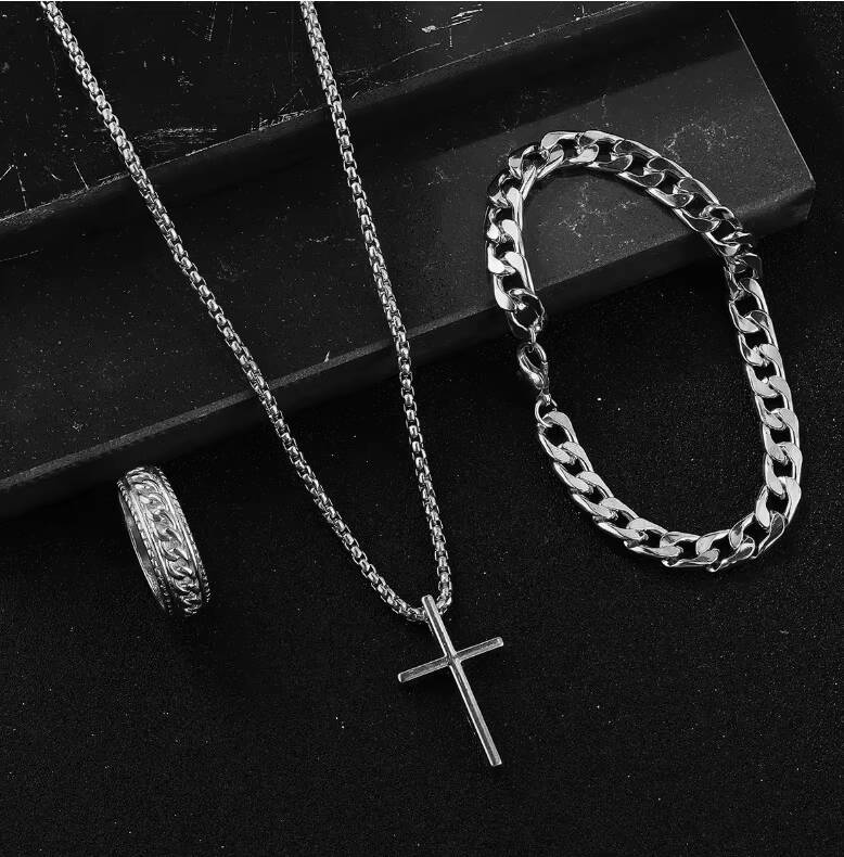 3PCS OEM Popular Black Cable Chain Bracelet Rings Metal Cross Pendant Necklace for Men Seaside Vacation Party Jewelry Gift Set