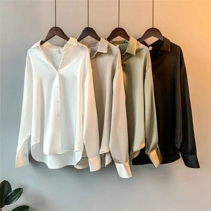 2025 Elegant Satin Loose Women Shirt Spring Turndown Collar Ladies Blouse Autumn Vintage Casual Button Silk Tops yy250828