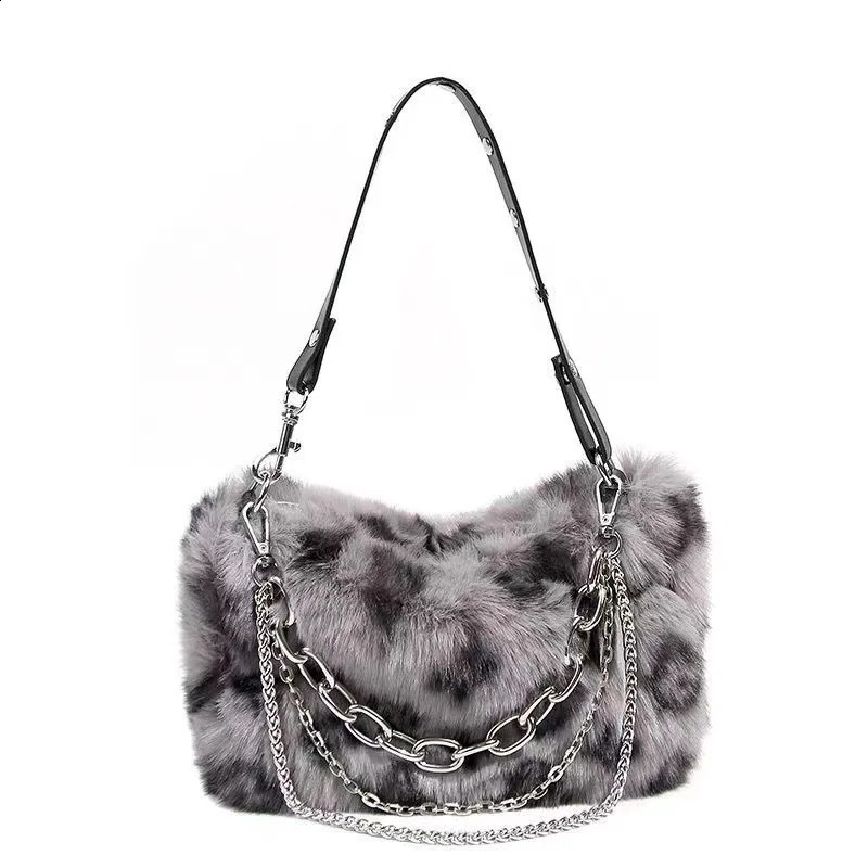 Faux Fur Leopard Shoulder Bag Womens Autumn Winter Chain Handbags Ladies Print Clutch Purses Fluffy Top Handle Bags 250828