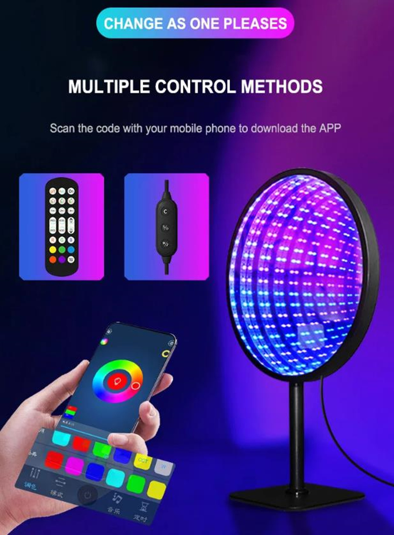 LED Infinity Mirror Light Tunnel Light Round Multicolor Tunnel Lamp APP Remote Control for Home Bedroom Decorative Ornaments