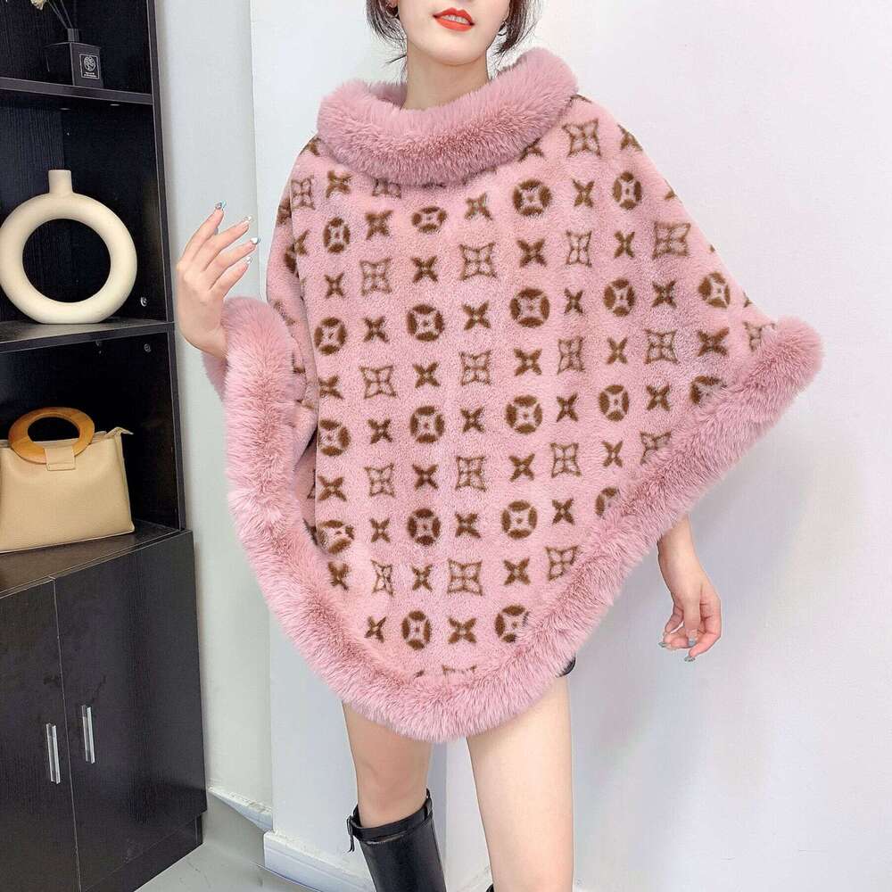 4 Colors 2025 New Loose Streetwear Zebra Printed Poncho Cloak Winter Warm O Neck Faux Rabbit Fur Women Pullover Shawl Coat