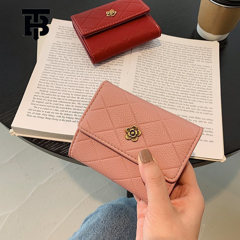 TB BHULAMTE Luxury Small Fragrant Women's Wallet Short Handbag New Camellia Design High End Grid Coin Bag Buckle Multi Card Slot Card Bag Free Sh