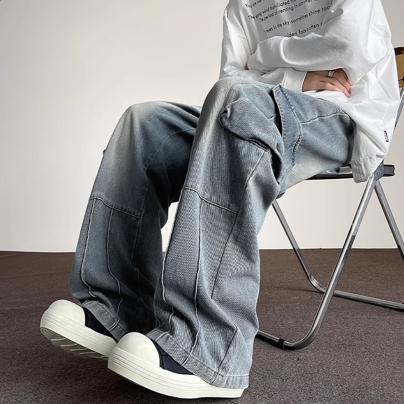 Autumn Men Cargo Jeans Neutral Wide Leg Pants Baggy Multi-pockets Denim Trousers Streetwear Skateboard Male Clothes 231220