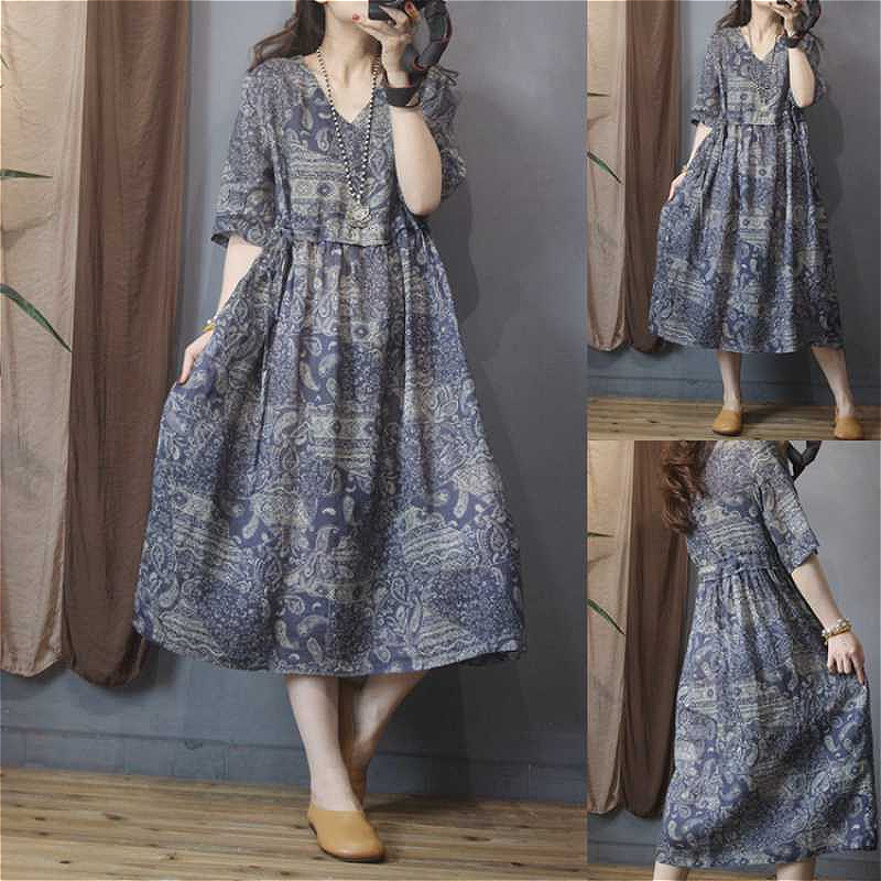 458 Ramie ethnic style V-neck dress for women Summer new style five-point sleeves loose waist slimming mid-length dress