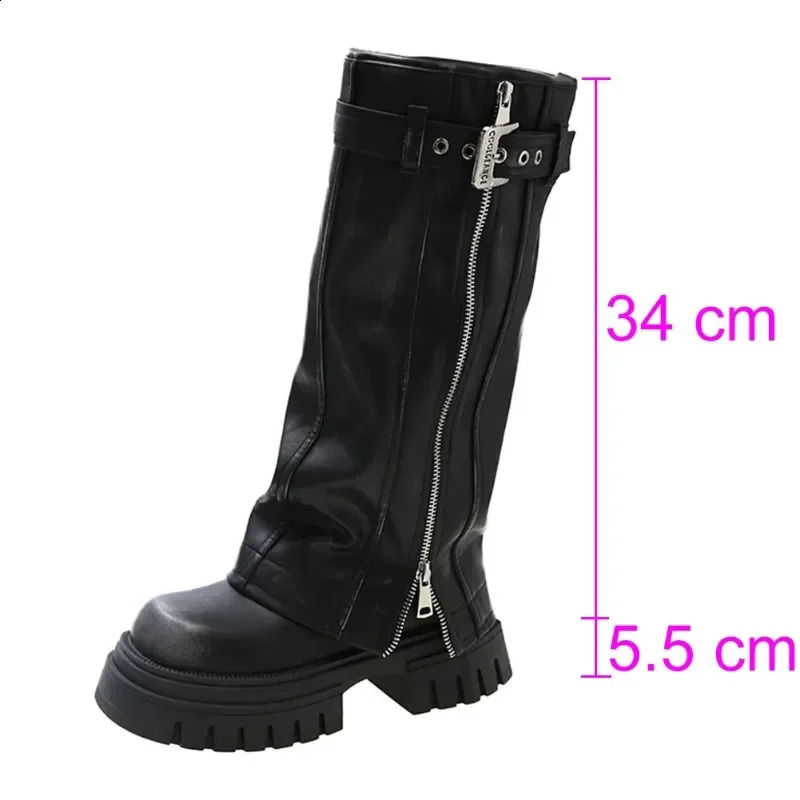 Desinger Knight Women Mid Calf Boots Chunky High Heeled Platform Punk Motorcycle Long Booties Goth Street Shoes for Women 250918