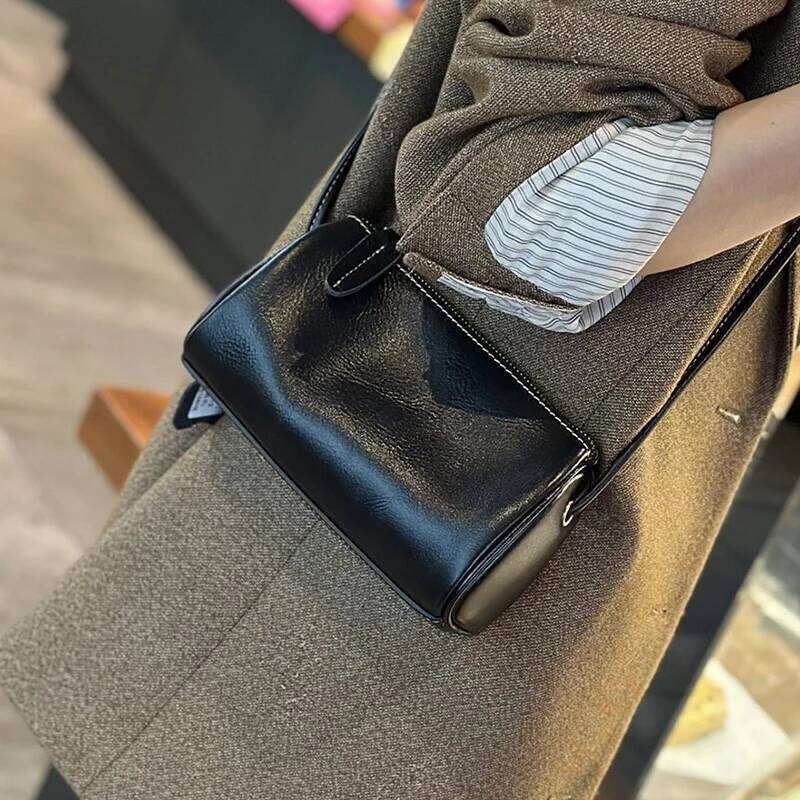 Cowhide Genuine Leather Popular Cylinder Bags Retro Trendy Messenger Bag Women's Designer Shoulder Handbag For Ladies