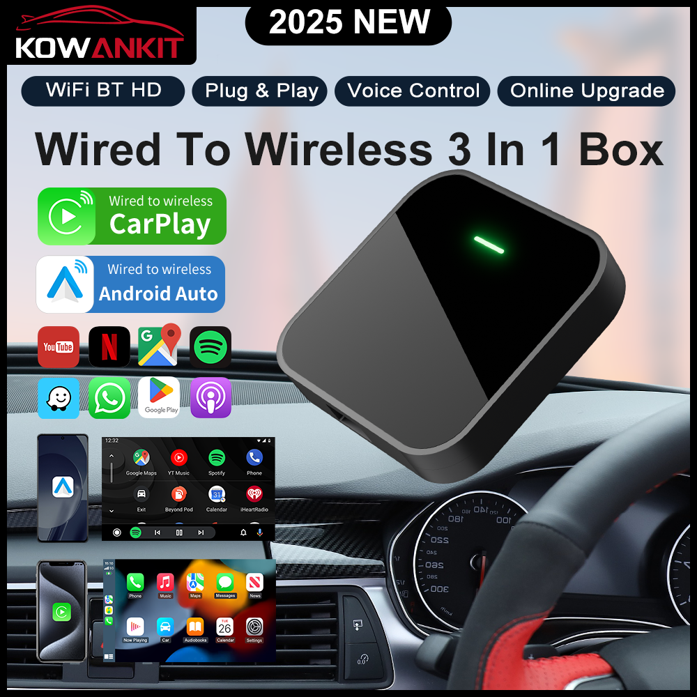 KOWANKIT Wireless CarPlay Android Auto Ai Box, Plug & Play Dongle Converts Wired To Wireless, Car Accessories, Interior, Watch Netflix YouTube in Car 