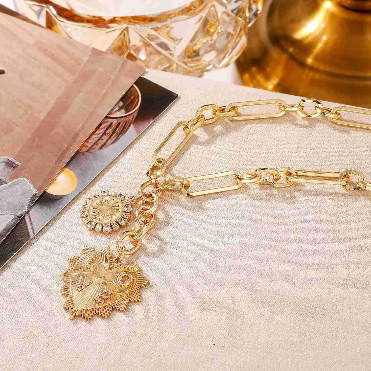 Sun Heart Charm Choker Necklace for Women MenGolden Plated With Zircons Inlaid PendantsThick Chunky Paperclip Chain Hip Hop Necklace Unisex JewelryCub