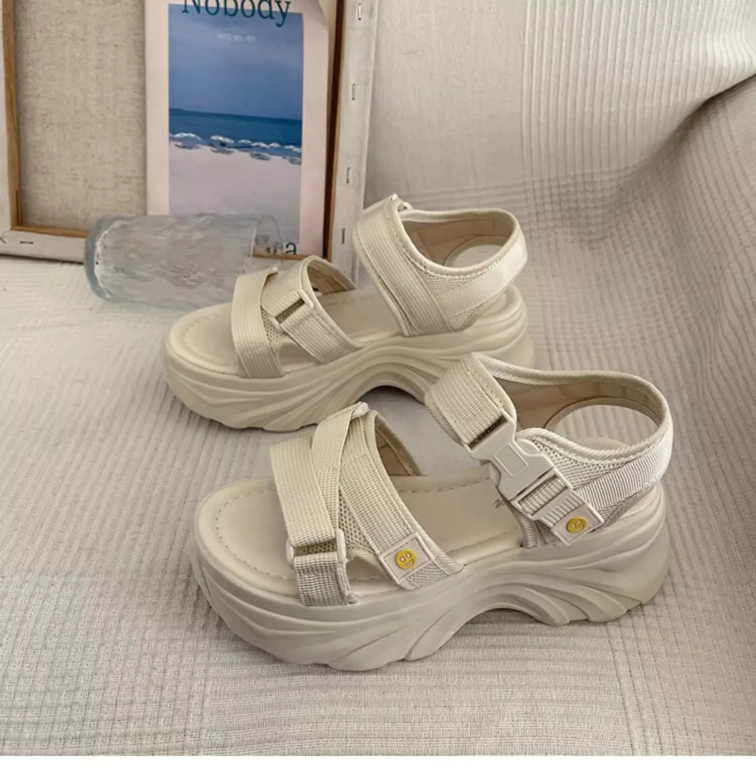 New Flat Nylon Metal Buckle Strap Mules Thick Sole Slides Platform Shoes Women Summer Slippers