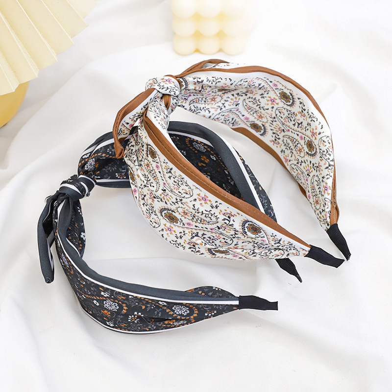 Designer Printed Headpiece Silk Scarf Wide Brim Hairband Bow Spring Summer Hairband Floral Bow Hairband Minimalist Black White