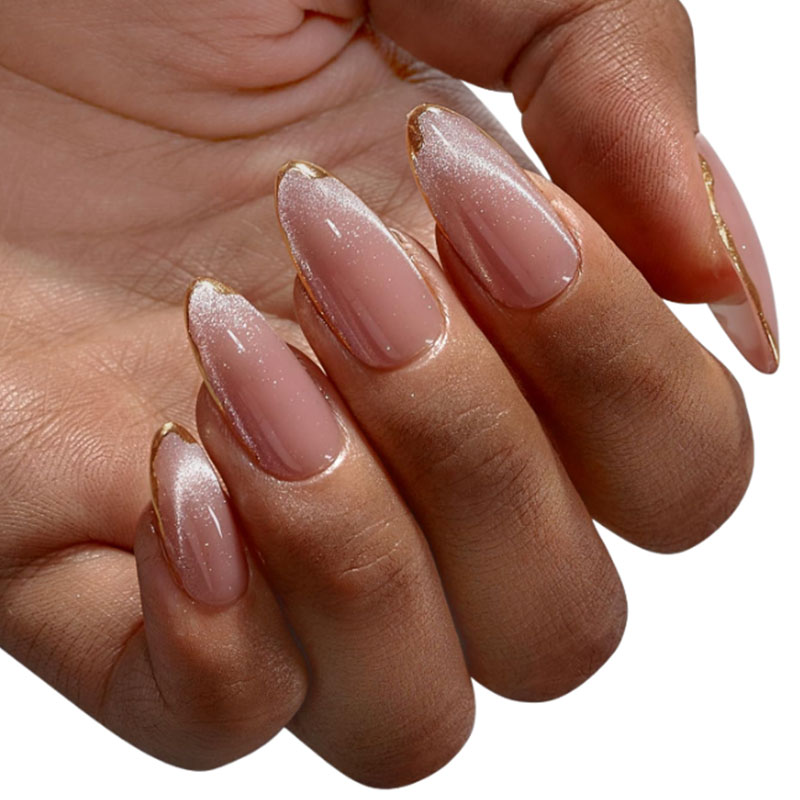 White Cat Eye Gold Border Medium Long Press On Nails, Fashionable Temperament Suitable For Girls And Women To Give Gifts