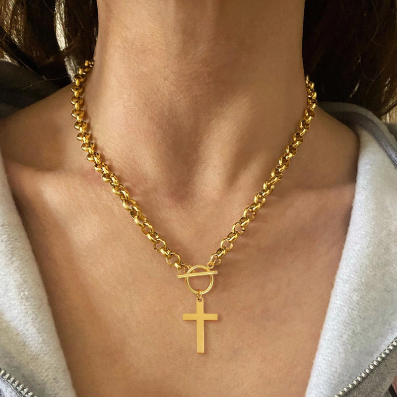 Chunky Cross Pendant Necklace for Women Vintage Inspired Gold Plated Layering Chain