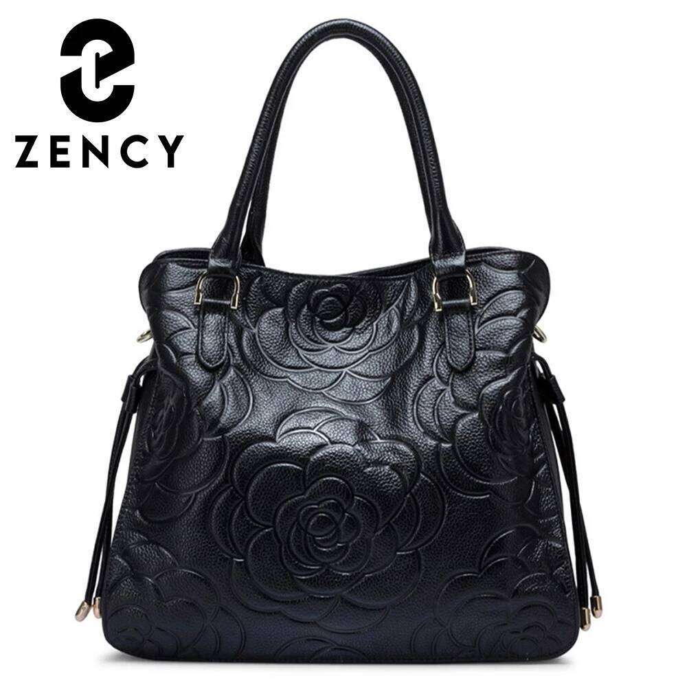 Zency Large Designer Bag For Women Genuine Leather Eme Rose Decorate Crossbody Cowhide Tote Shopper Handbag
