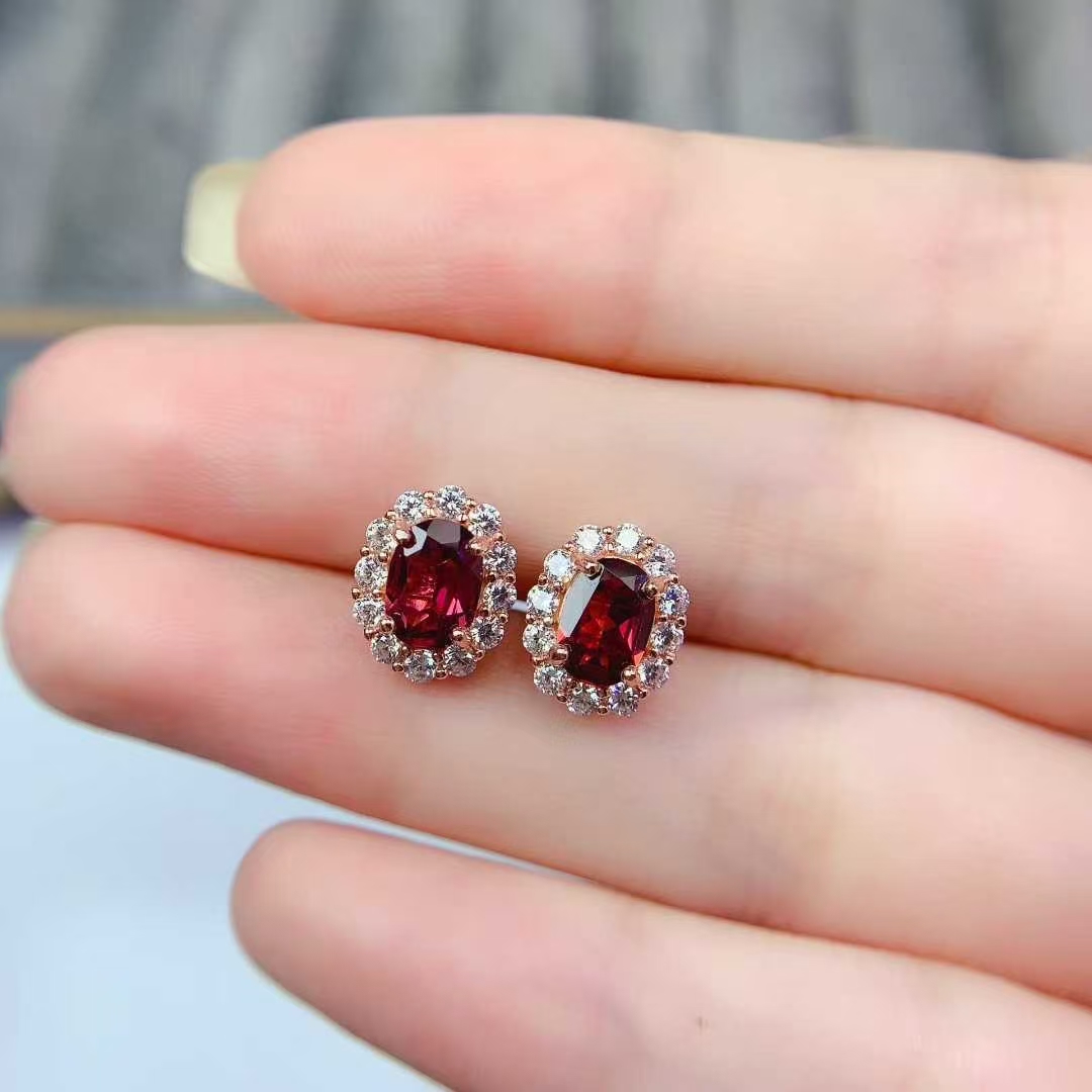 Real garnet silver earrings 925 silver gemstone stud earrings 5mm*7mm total 1.4ct natural garnet jewelry with 3 layers 18K gold plating allergy free
