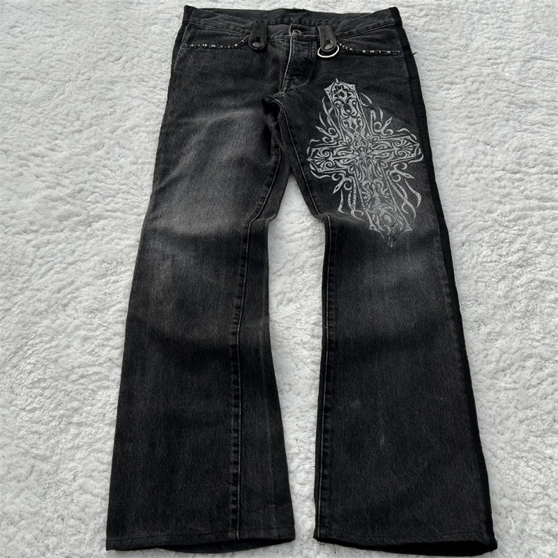 Y2K Black Washed Denim Pants Vintage Cross Leather Detail Micro Flared Jeans Punk High Street Western Cowboy Unisex Streetwear250828