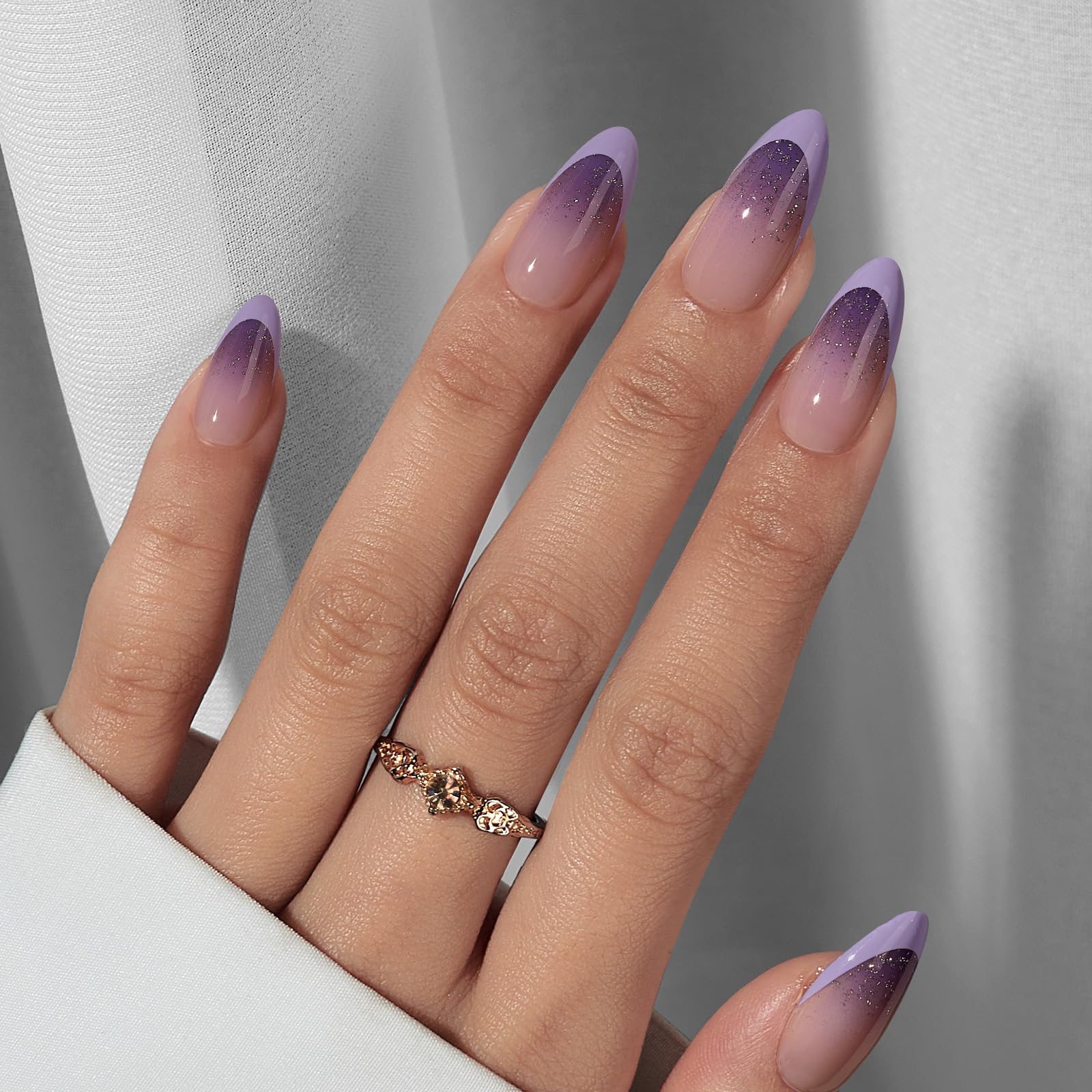 Purple French Edged Purple Shiny Square Fake Nails, Reusable, Suitable For Women And Girls To Wear At Parties And Banquets