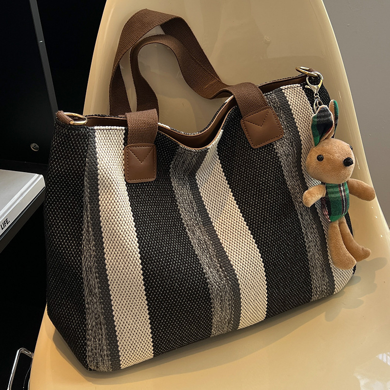 2025 autumn new women's large capacity simple niche casual college canvas bag striped handbag commuting bag crossbody bag designer shoulder bag