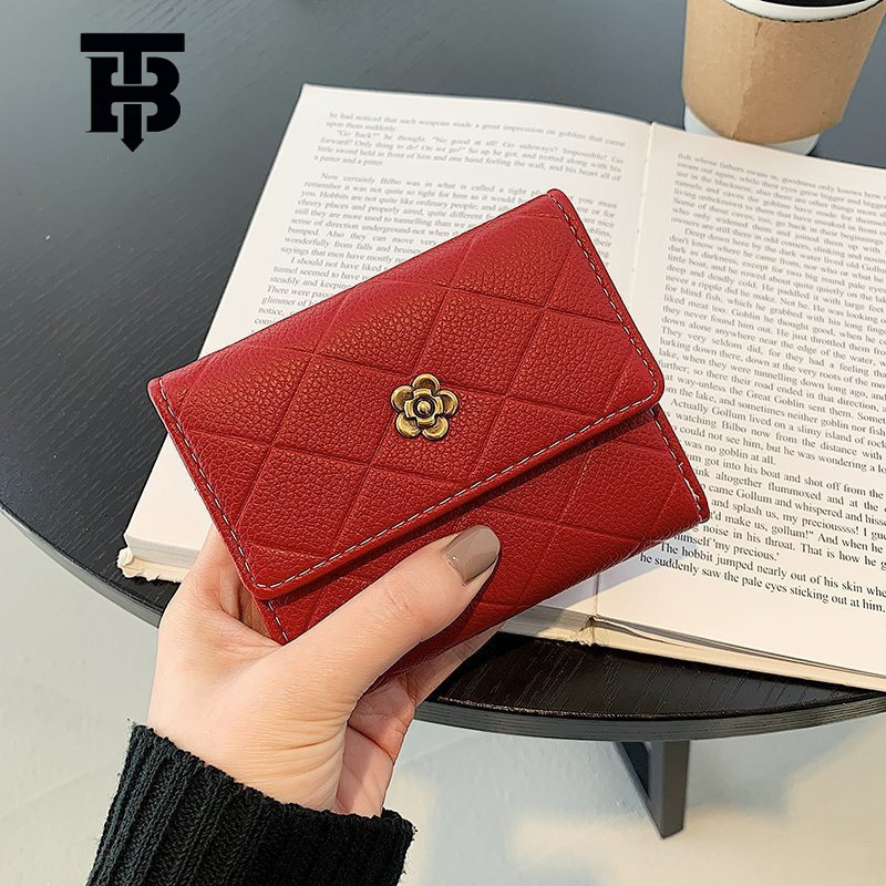 TB BHULAMTE Luxury Small Fragrant Women's Wallet Short Handbag New Camellia Design High End Grid Coin Bag Buckle Multi Card Slot Card Bag Free Sh
