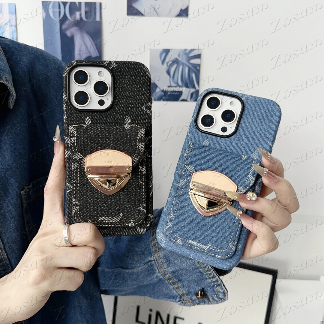 Denim Luxury Designer Phone Case for iPhone 17 16 15 14 13 12 Pro Max Portable Card Pocket Storage Mini Purse Bag Cloth Jeans Skin Shockproof Cover 16pro 15pro 14pro