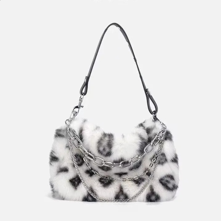 Faux Fur Leopard Shoulder Bag Womens Autumn Winter Chain Handbags Ladies Print Clutch Purses Fluffy Top Handle Bags 250828