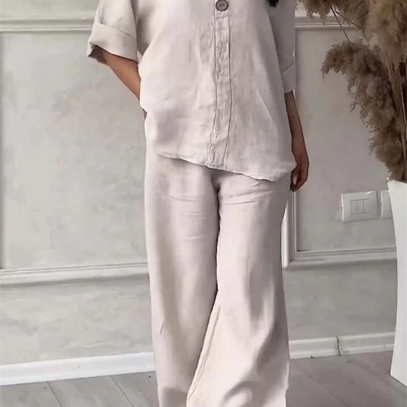 Womens Cotton and Linen Pants Suit Casual Solid Pullover Pants 2piece Set White Pink Simple Wide Leg Pants Two Piece Set Suits 250828