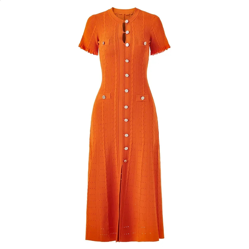 Summer Solid Round Neck Short Sleeved Office Lady Knitted Dres Korean Single Breasted Hollow Out Long Dress Fashion Trend 250828