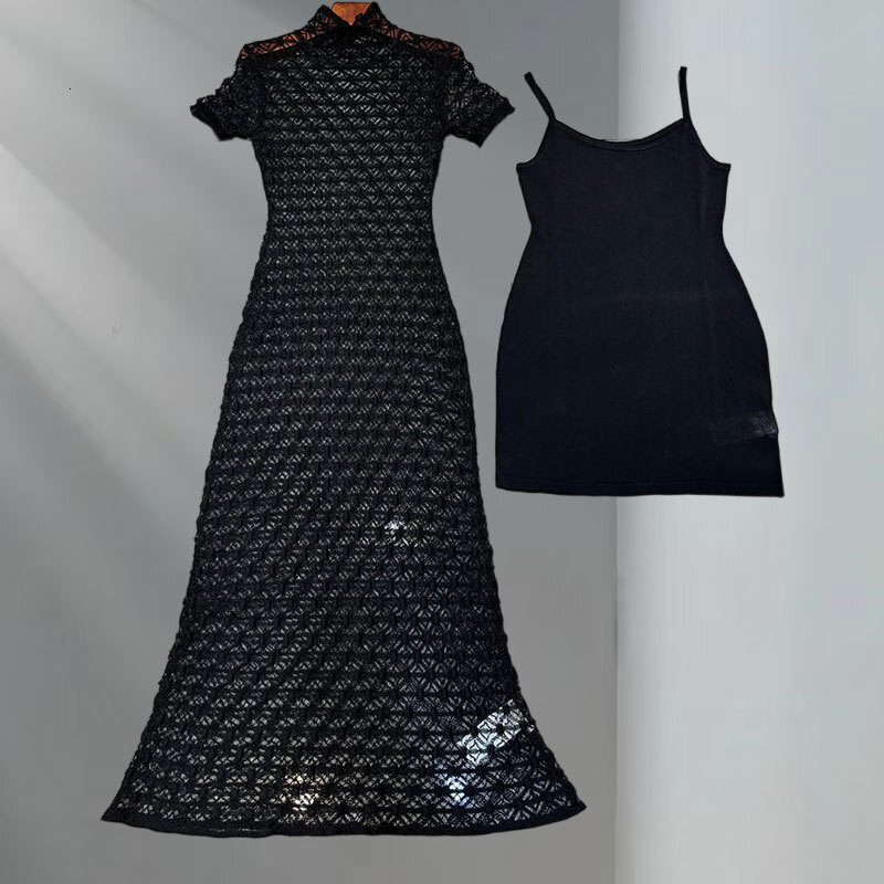 Designer Y2K Fall New Ladies Long Lace Knit Dress Runway High Neck Short Sleeve Bodycon Maxi Dress With Cutout Detail Two Colors Chic Luxury Clothting