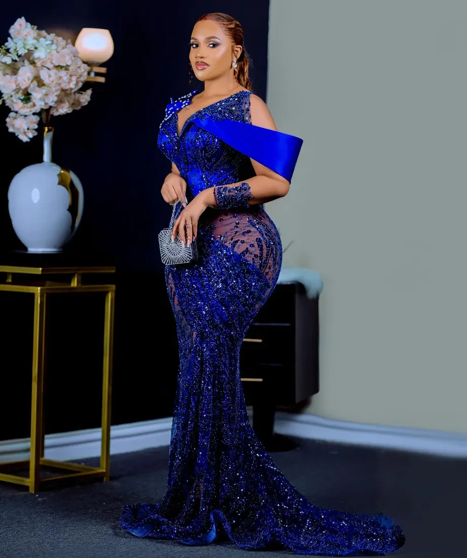 Royal Blue Aso Ebi Prom Sheer Long Sleeves Mermaid Beaded Lace Formal Evening Gowns Plus Size Engagement Dresses B0312