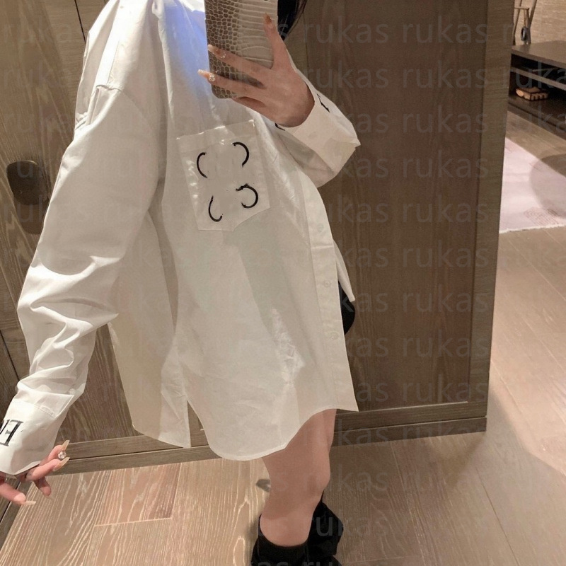 Designer Womens Shirts loose Blouses Long Shirts Silk satin Embroidery Designer Summer New T-Shirt Long Sleeve Tops Pocket Letter Embroidery Tops SML