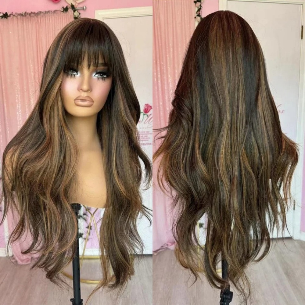 Highlight Wig 13x4 Hd Lace Frontal Wig With Bang Brown Body Wave Lace Front Human Hair Wigs For Women 30 Inch 360 HD Full Lace Wig