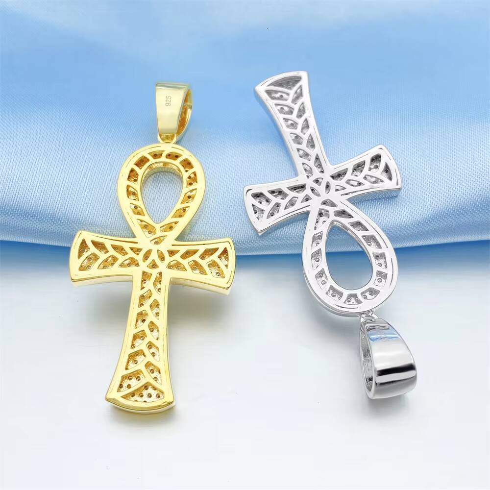 925 Silver Vermeil Necklace Iced Out VVS Moissanite Diamonds Ankh Pendant Tennis Chain Set Hip Hop Jewelry for Men Women Rapper
