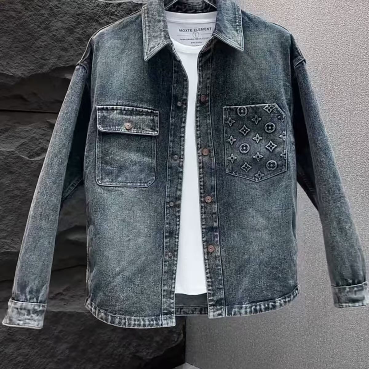 Men's 2025 new lapel jacket men's trend washed gradient denim shirt coat loose spring and autumn coat