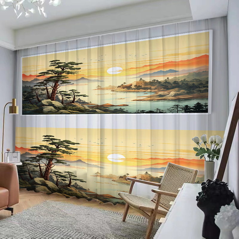 YL-37049 Chinese style ink landscape painting, new Chinese style curtains, new mesh curtains, classical and simple living room window curtain