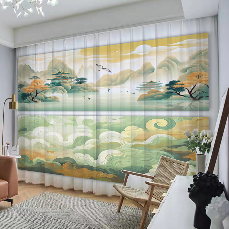 YL-37056 Chinese style ink landscape painting, new Chinese style curtains, new mesh curtains, classical and simple living room window curtain