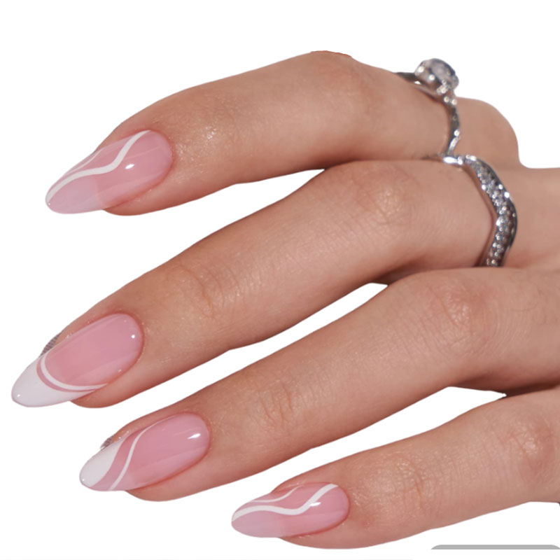 24pcs Paired With White French Border And White Thread Press On Nails, Gentle And Elegant, Suitable For Girls And Women To Wear Daily