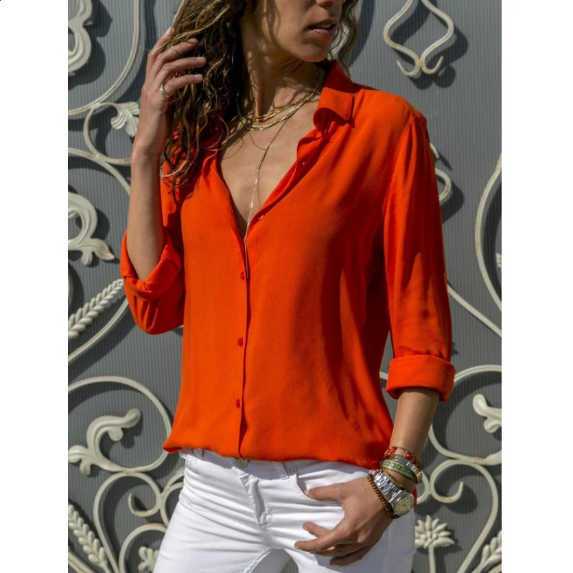 Autumn Shirt Womens Polo Collar Office Lady blouse Vintage Loose Button Up Down Shirts Fashion Tops y250828