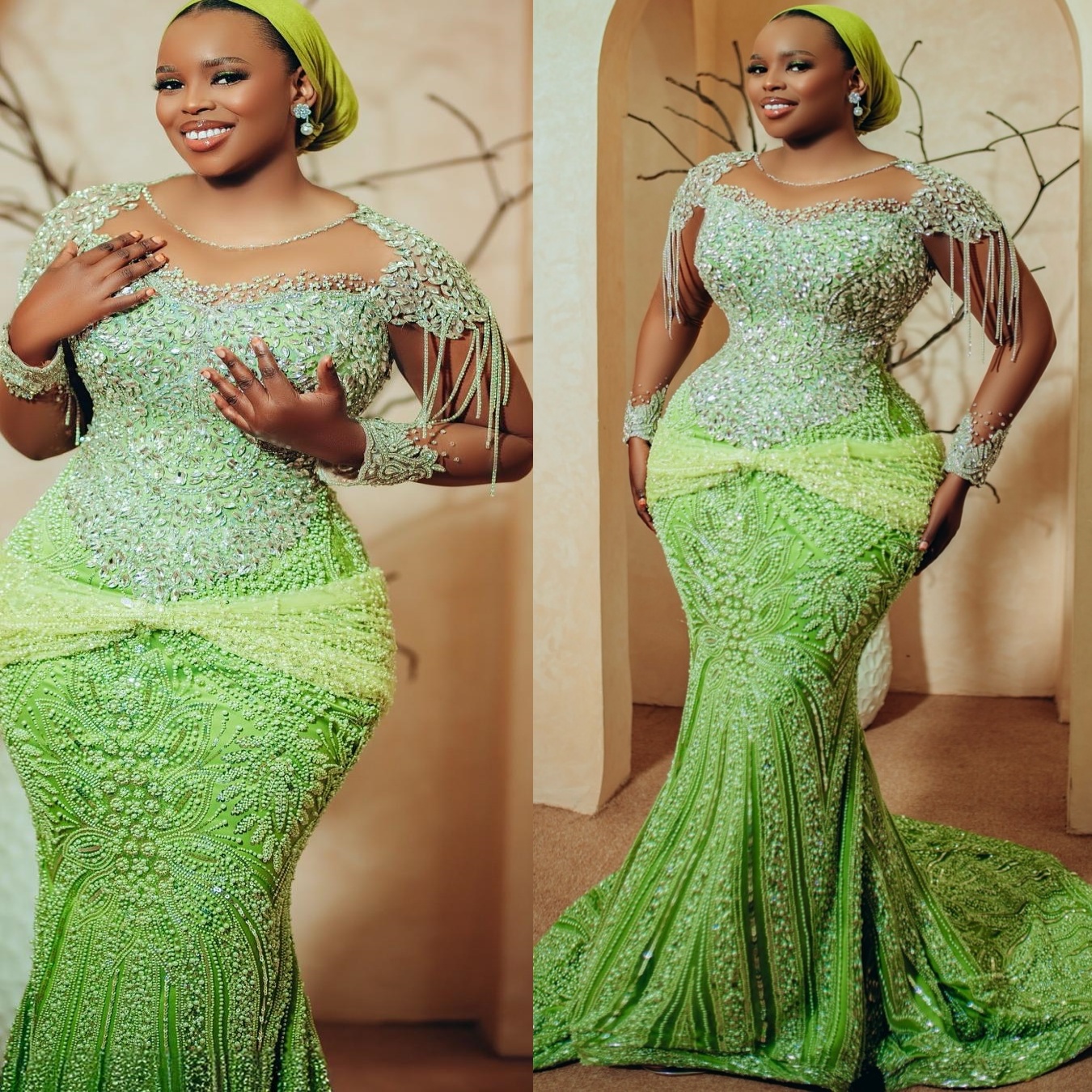 Aso Ebi Mermaid Green Prom Dress 2025 Crystals Beaded Sequined Sparkly Evening Formal Party Birthday Dresses Robe De Sorrie Reception Gowns For Specia