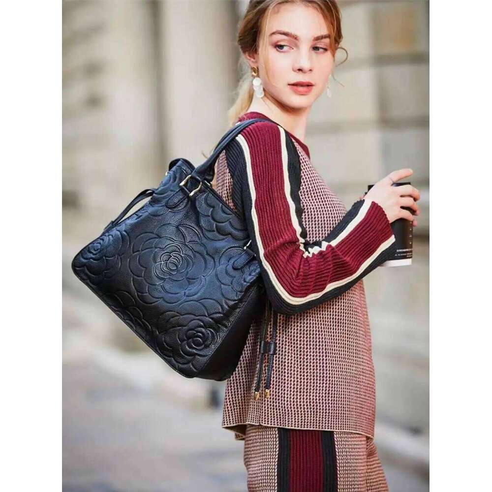 Zency Large Designer Bag For Women Genuine Leather Eme Rose Decorate Crossbody Cowhide Tote Shopper Handbag
