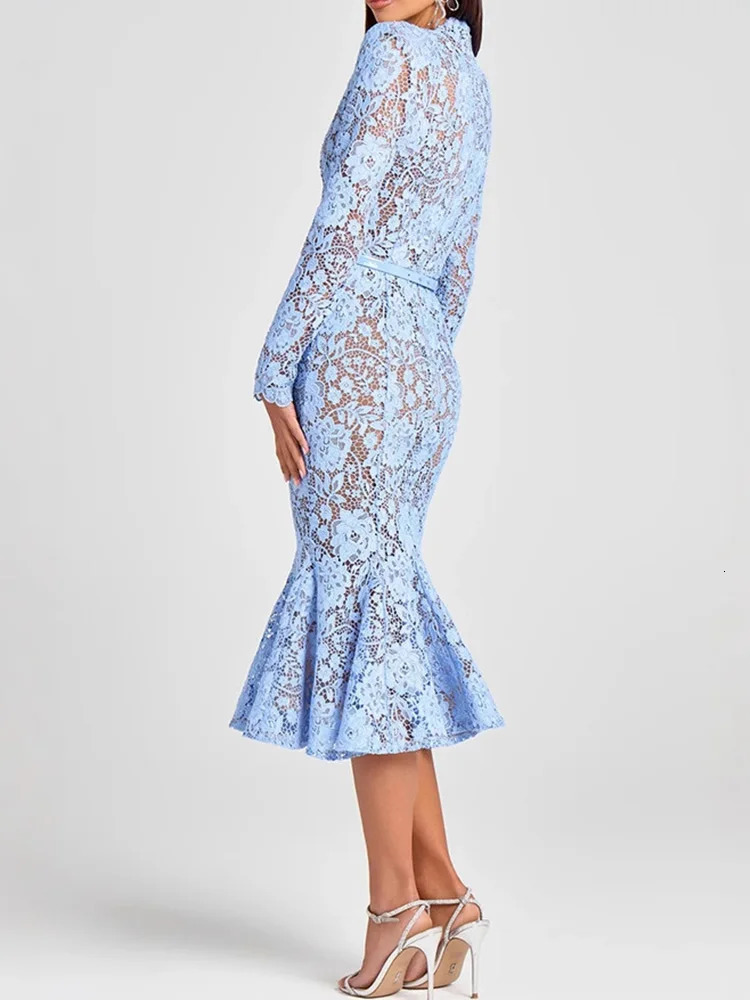 Holiday Round Neck Lace Mini Dres Summer Solid Hollow Out High Street Party Dress 2025 Full Sleeve Elegant Ladies 250829