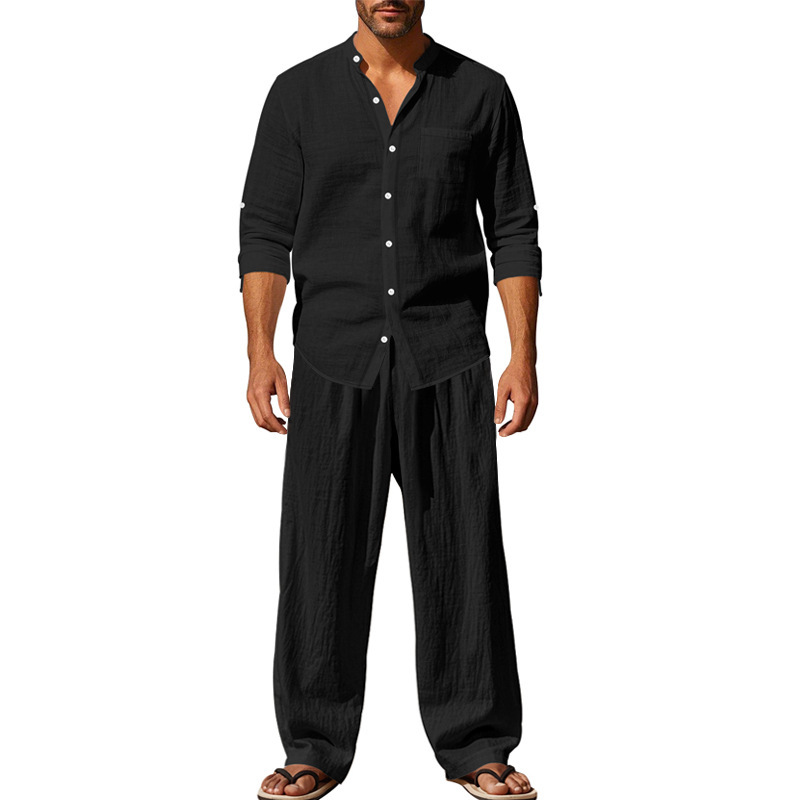Men's Linen Shirt Pants Set American Style Casual Beach Outfit Breathable Loose Fit Four Seasons Ready Stock R250829