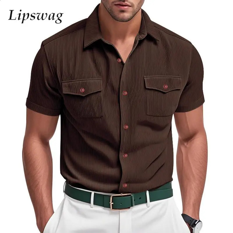Fashion Ribbed Textured Corduroy Cargo Shirt Men Summer Casual Solid Color Buttoned Shirts Mens Leisure Short Sleeve 250828