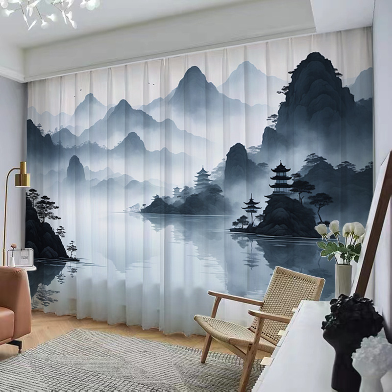 YL-37044 Chinese style ink landscape painting, new Chinese style curtains, new mesh curtains, classical and simple living room window curtain