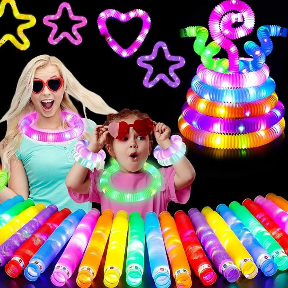 3/6/12/18/24 pcs Pop Tubes Lighted LED Sensory Toys Pull Stretch Tube Toddlers Gifts rens Luminous Popping Party Supplie 250828