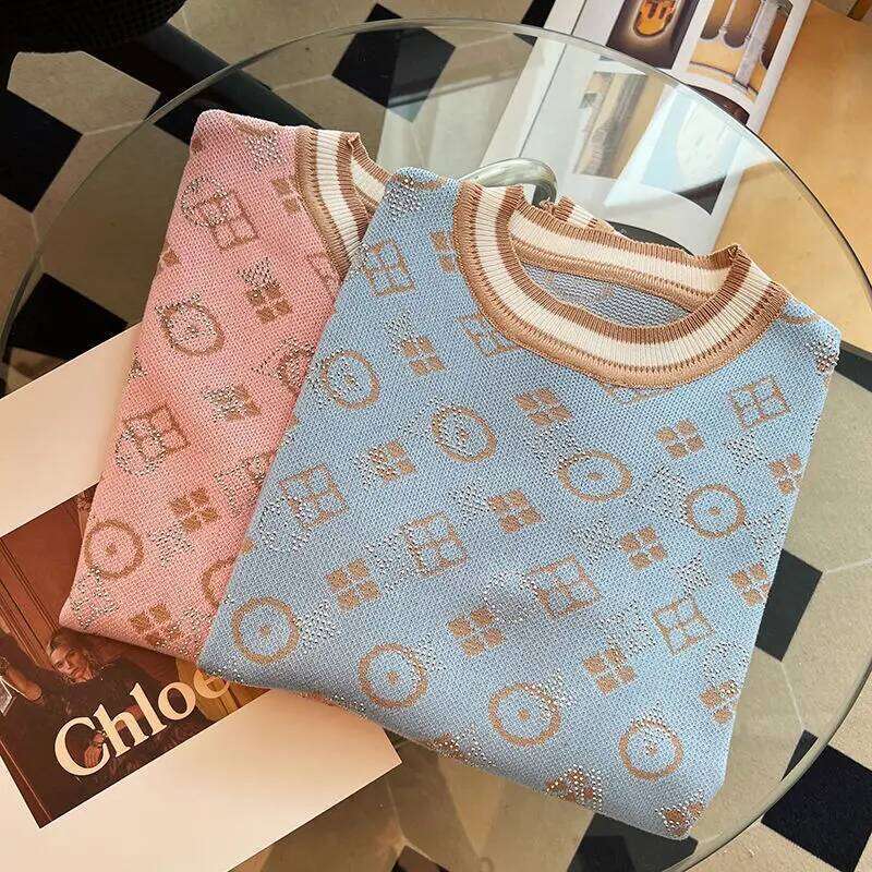 New 2024 Summer Women Short Sleeve Fashion Knit Glitter Stones Tshirt Femme Vintage Designer Slim Leisure T-Shirt Tops